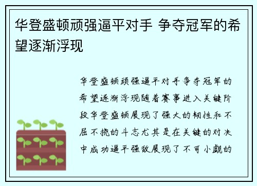 华登盛顿顽强逼平对手 争夺冠军的希望逐渐浮现