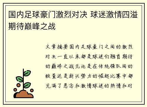 国内足球豪门激烈对决 球迷激情四溢期待巅峰之战