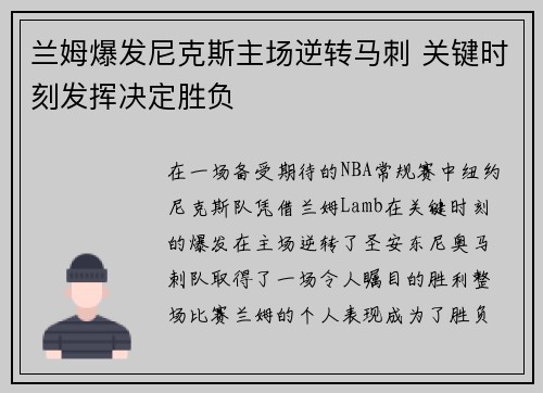 兰姆爆发尼克斯主场逆转马刺 关键时刻发挥决定胜负