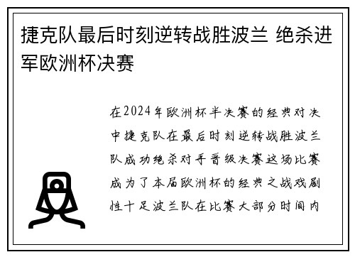 捷克队最后时刻逆转战胜波兰 绝杀进军欧洲杯决赛