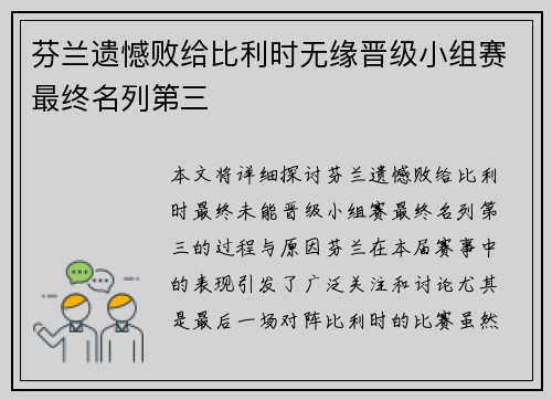 芬兰遗憾败给比利时无缘晋级小组赛最终名列第三